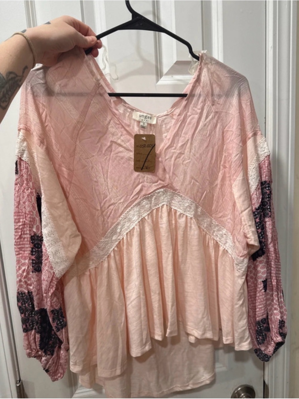 Umgee Blush Pink Patchwork Lace-Detail Boho Tunic